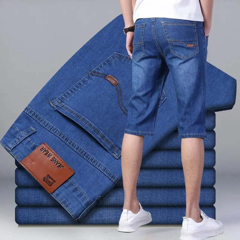 New Big Size Long Length Men's Shorts Loose Stretch Jean Bermuda Male Thin 3/4 Capris Summer Light Large Plus Fat Denim Breeches