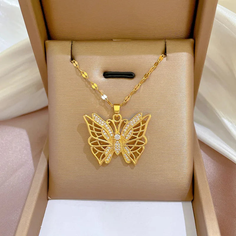 Fantastic Crystal Gold-Color Butterfly Necklace For Women Rhinestone Symmetrical Pendant Accessories Party Jewelry Gifts