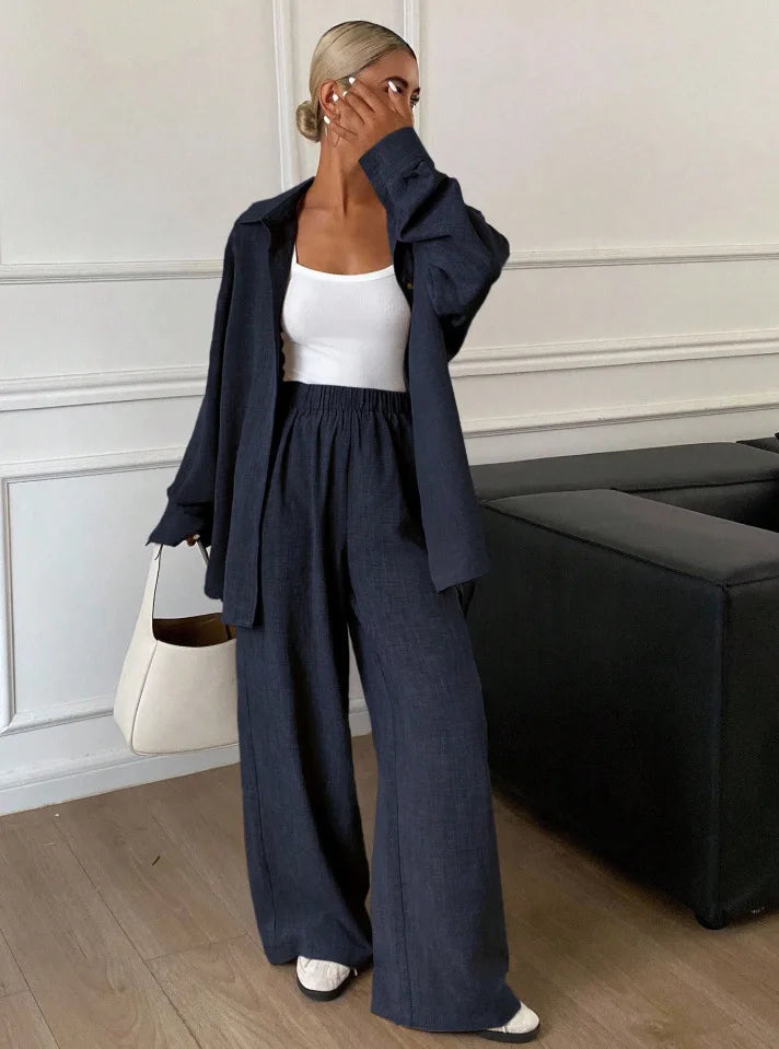 2026 New Women Linen Two Piece Outfit Set Lapel Long Sleeve Button Shirts Elastic Waist Wide Leg Pants Casual Loose Home Suit