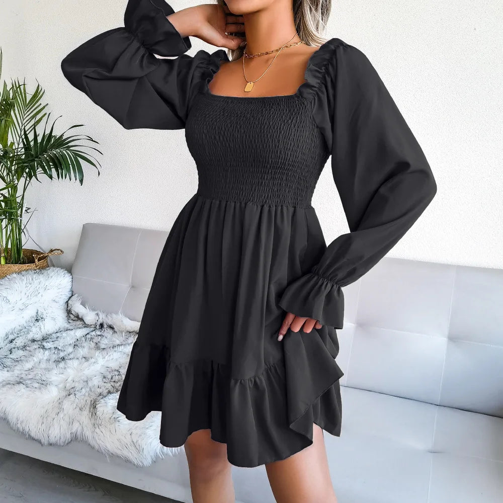 Spring Summer Casual Solid Color Square Neck Flared Long Sleeve Ruffled Dress Red Orange Green Black 2026 Fashion Woman Clothing