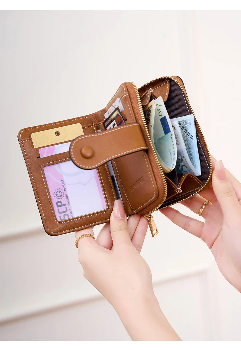 Women's RFID Blocking Wallet Multi-Card Holder Zipper Buckle Short Money Clip Retro Coin Wallet Functional Design