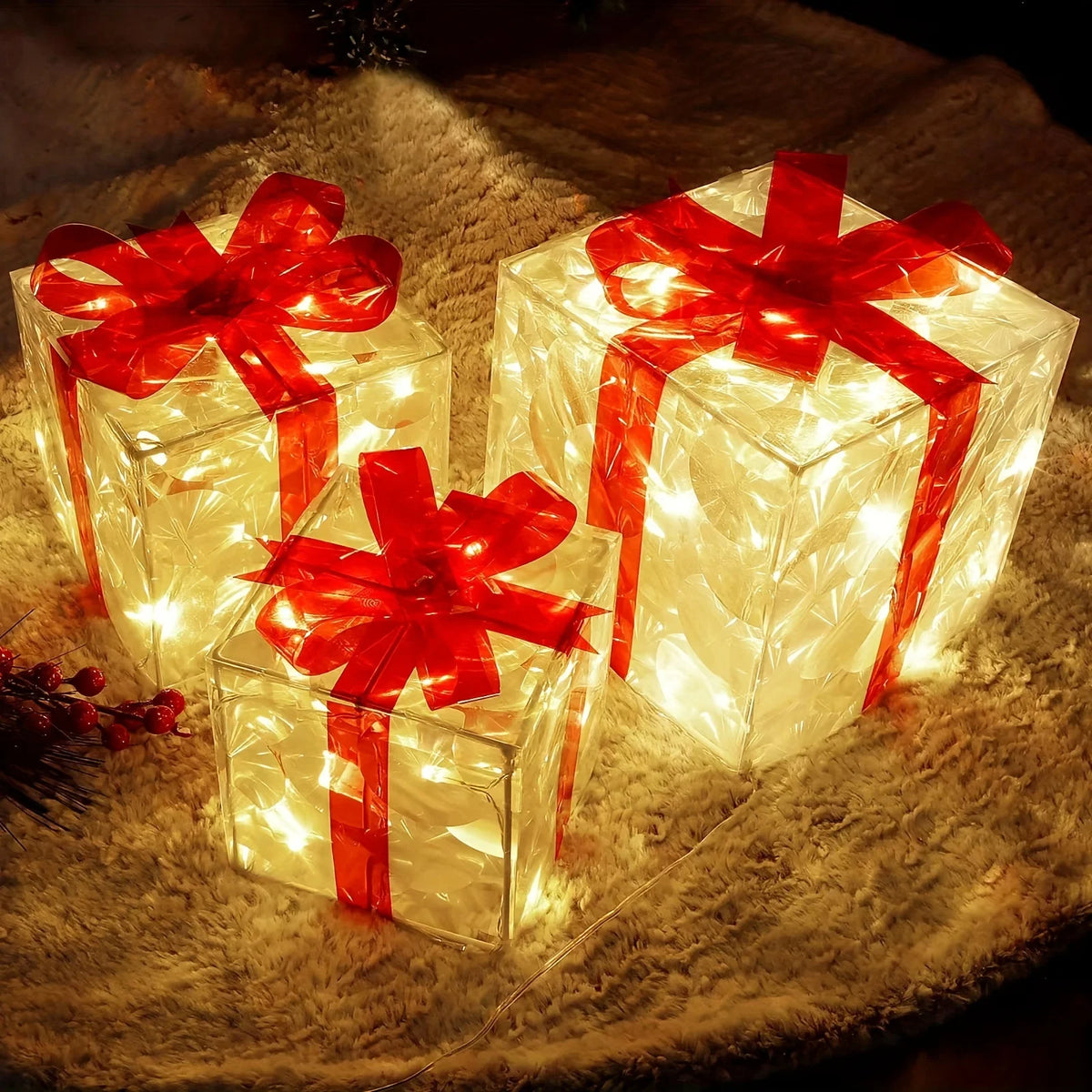 3Pcs Christmas Decorations - for Holiday Indoor Party Home, Christmas, Newyear,Party Events,Warm White Christmas Gift Box Lights