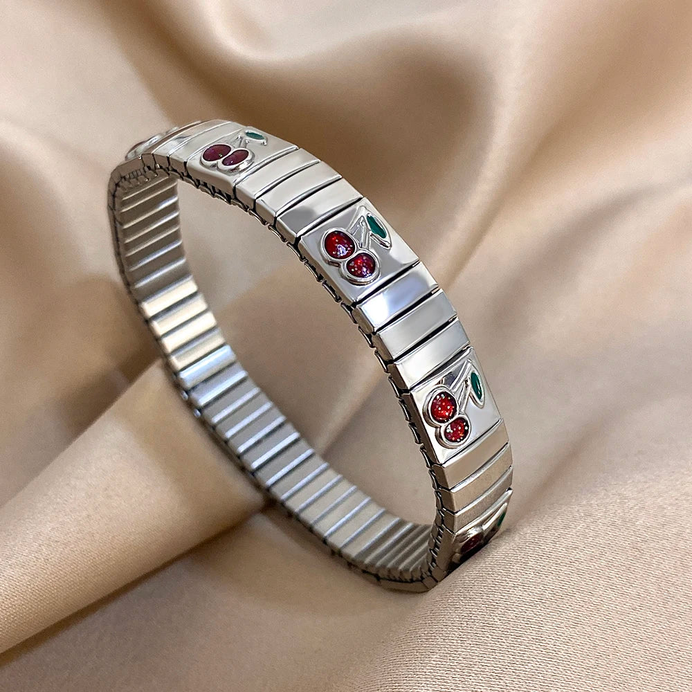 316L Stainless Steel Gold Color Strawberry Cherry Elastic Bangle Bracelet For Women Men Statement New Trend Wrist Jewelry Gift