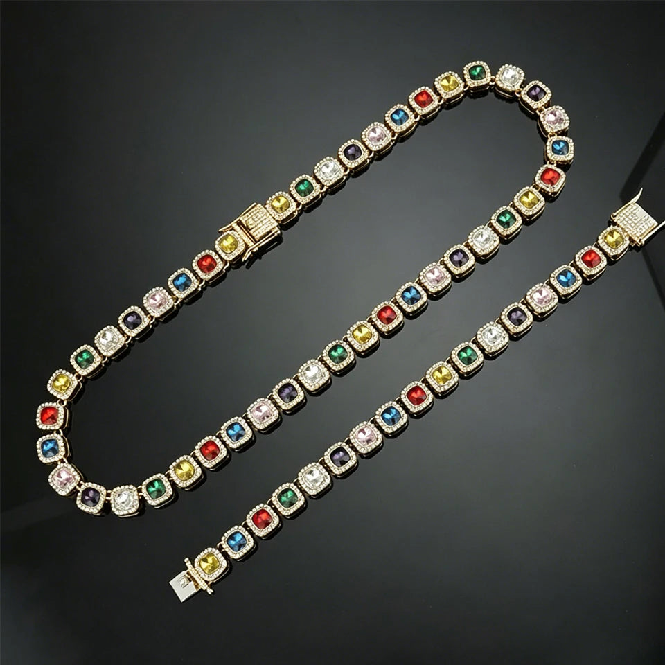 ZAKOL Hip Hop Luxury Square Colorful Rhinestones CZ Tennis Chain Necklace Bracelet Punk Fashion Jewlery Couple Gift