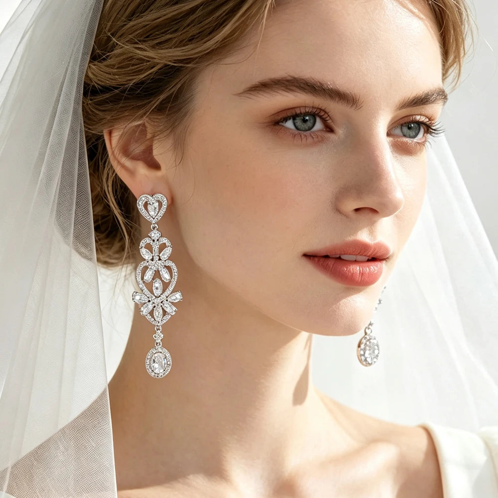 ZAKOL Luxurious Geometric AAA Cubic Zirconia Long Dangle Earrings for Women Elegant Bridal Earrings Jewelry Gift With Box