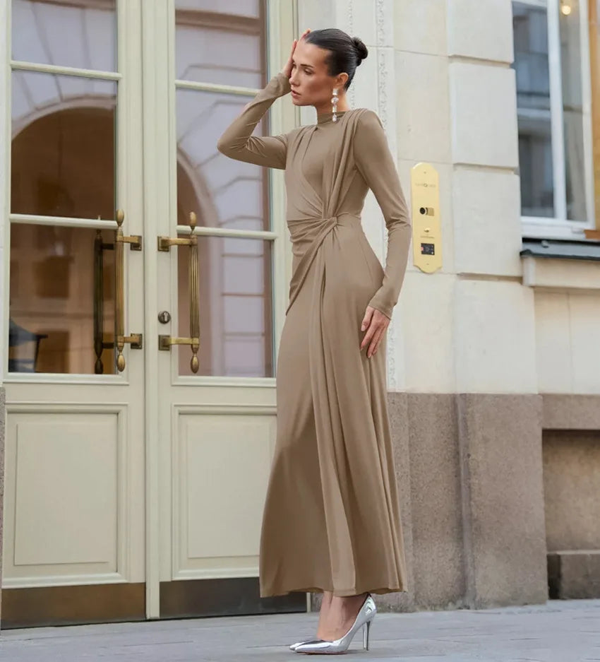 BKLD Fashion Autumn French Long Dresses Women Clothing Elegant High Waist Ruched Slimming Evening Dress Long Sleeve Solid Color