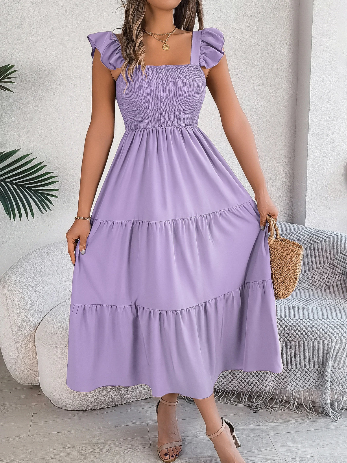 Spring Summer Solid Color Edible Tree Fungus Edge Square Neck Sleeveless Holiday Dress Elegant Long Dresses for Women Rose Blue
