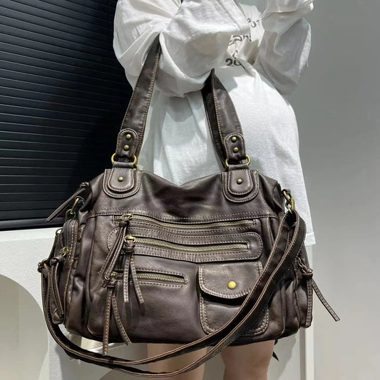Y2K Hot Girl Single Shoulder Crossbody Bag Vintage Washed Leather Motorcycle Bag Large Capacity Multi Pocket Bag