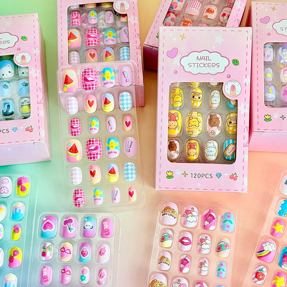 120Pcs Cartoon False Nails for Girls Kawaii Acrylic Short Square Full Cover Fake Nails Tips Kids Press on Nails with Jelly Glue