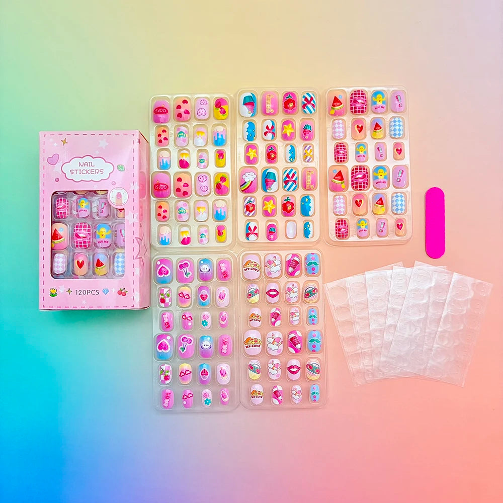 120Pcs Cartoon False Nails for Girls Kawaii Acrylic Short Square Full Cover Fake Nails Tips Kids Press on Nails with Jelly Glue