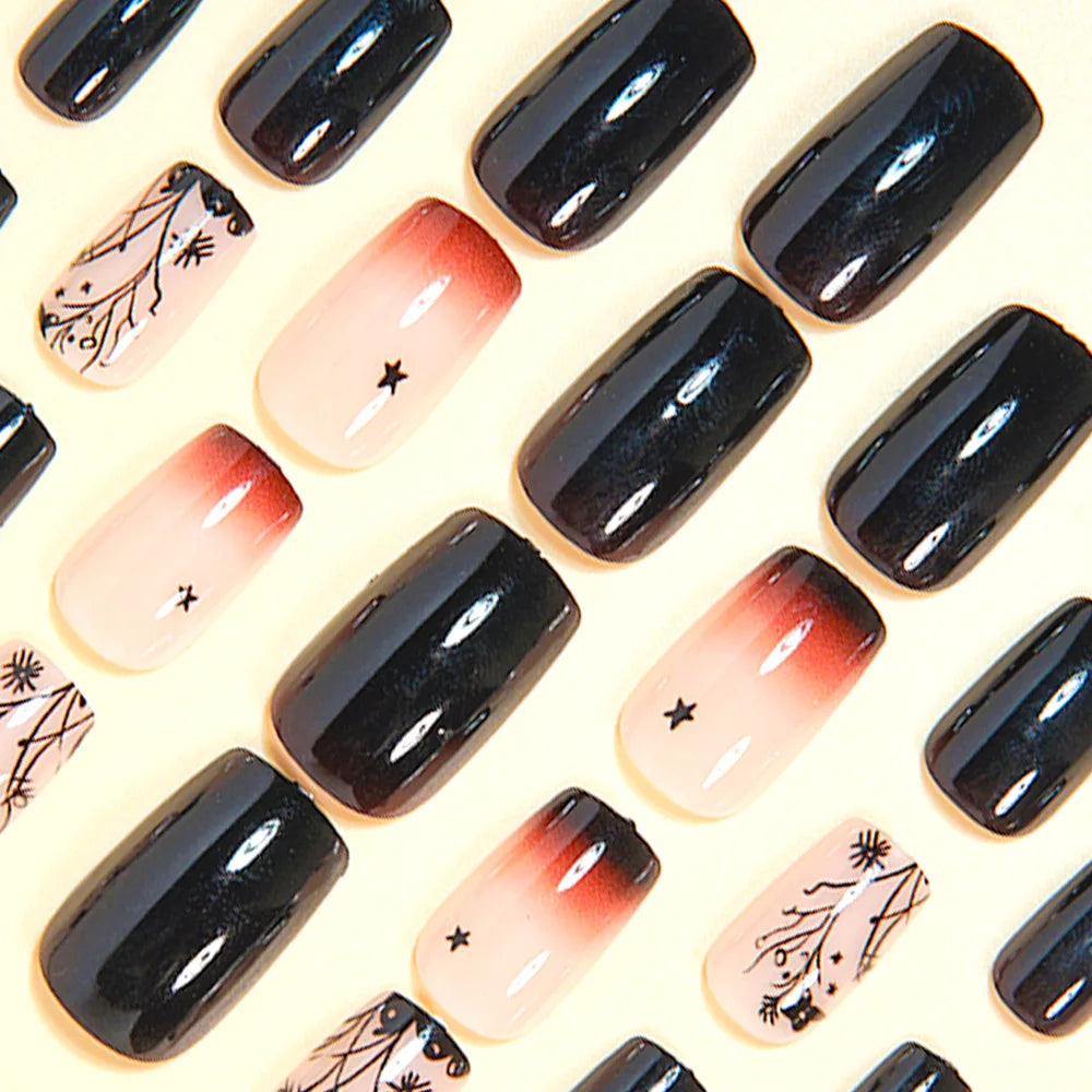 Medium fake nails for women girls gradient nude black flowers strips design Almond square shape full cover press on false nail