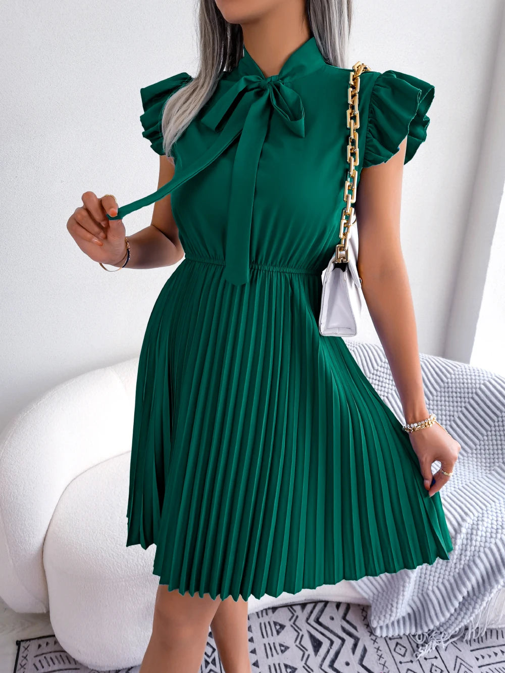 Elegant Bow Tie Pleated Dress 2026 Women Summer Solid Color Ruffles Short Sleeve Mini Dress Green Red Black Blue Woman Clothing