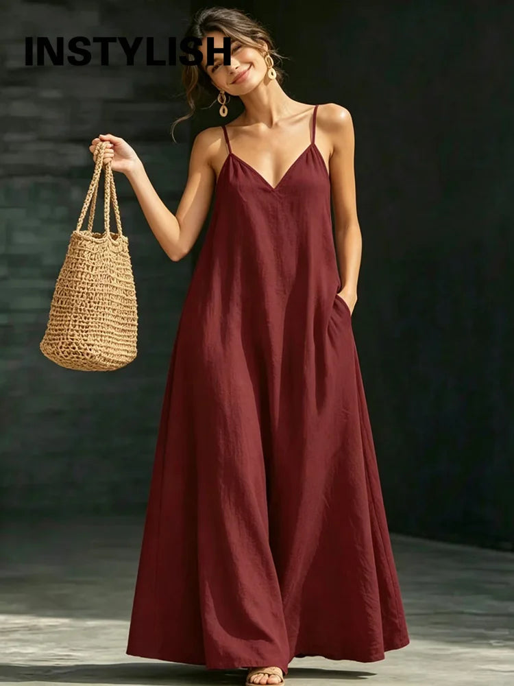 Women Linen Spaghetti Strap Maxi Dress V Neck Loose Swing Long Dress With Pockets Casual Summer Beach Vacation Sundress Ladies