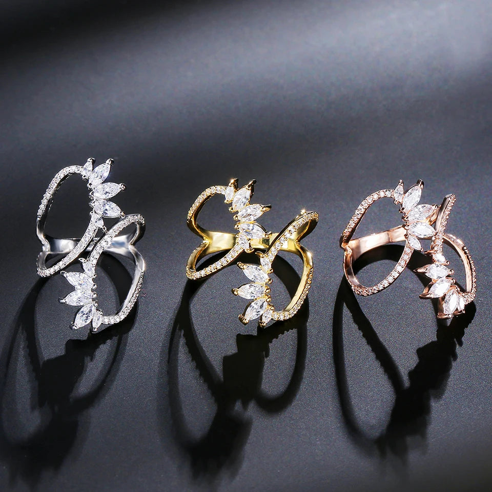 ZAKOL Cute White Geometric Zirconia Leaf Open Adjustable Rings for Women Party Jewelry 2023 New