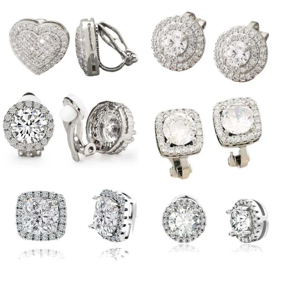 ZAKOL 6 Styles Sliver/Gold Color Shiny Cubic Zirconia Copper Ear Clips Geometric Square Heart Round CZ Stud Ear Accessories