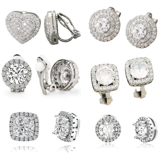 ZAKOL 6 Styles Sliver/Gold Color Shiny Cubic Zirconia Copper Ear Clips Geometric Square Heart Round CZ Stud Ear Accessories