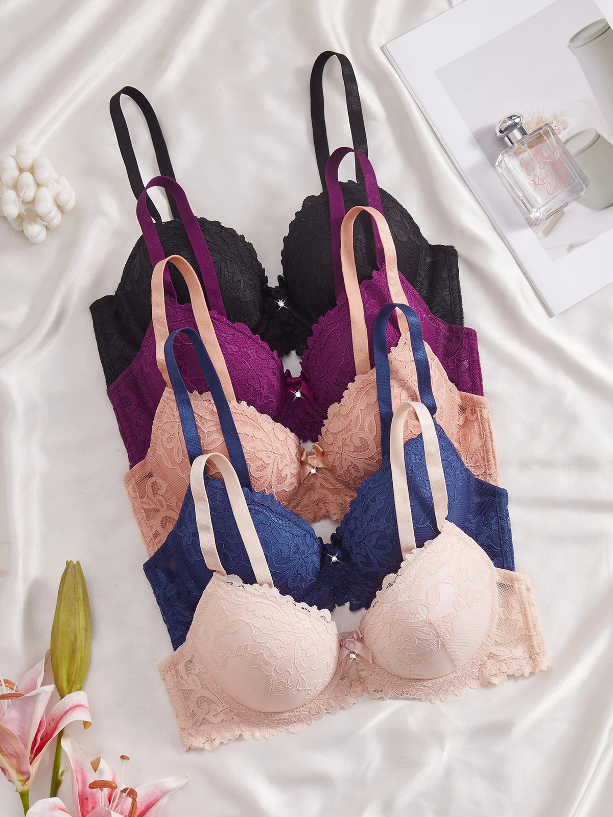 5Pcs/Set Women's Floral Lace Bra Elegant Skin-Friendly Push Up Bra Breathable Comfort Underwire Support Anti-Sagging Lingerie