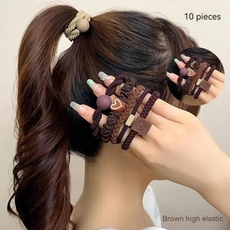 10PCS Women's Hair Ring Set: High Elasticity Leather Band, Simple Temperament, Durable New Style for High Ponytail
