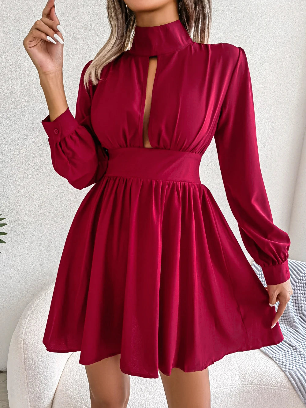 Spring Autumn Casual Solid Hollow Out Long Sleeve A Line Dress for Women Elegant Mini Dresses Red Black White Woman Clothing