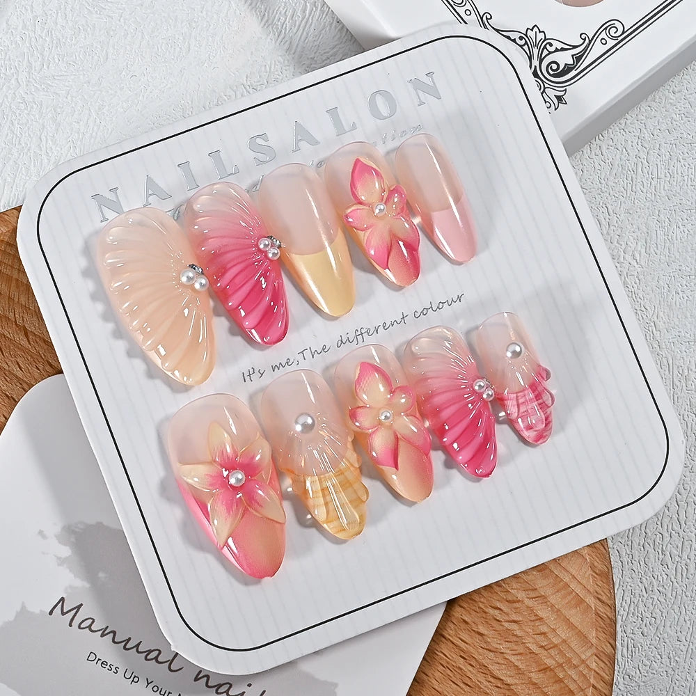 24pcs Mid-length Almond Wearable Press on Nails Gradient Pink Flower Pearl Design False Nails French Petal Fake Nails Tips