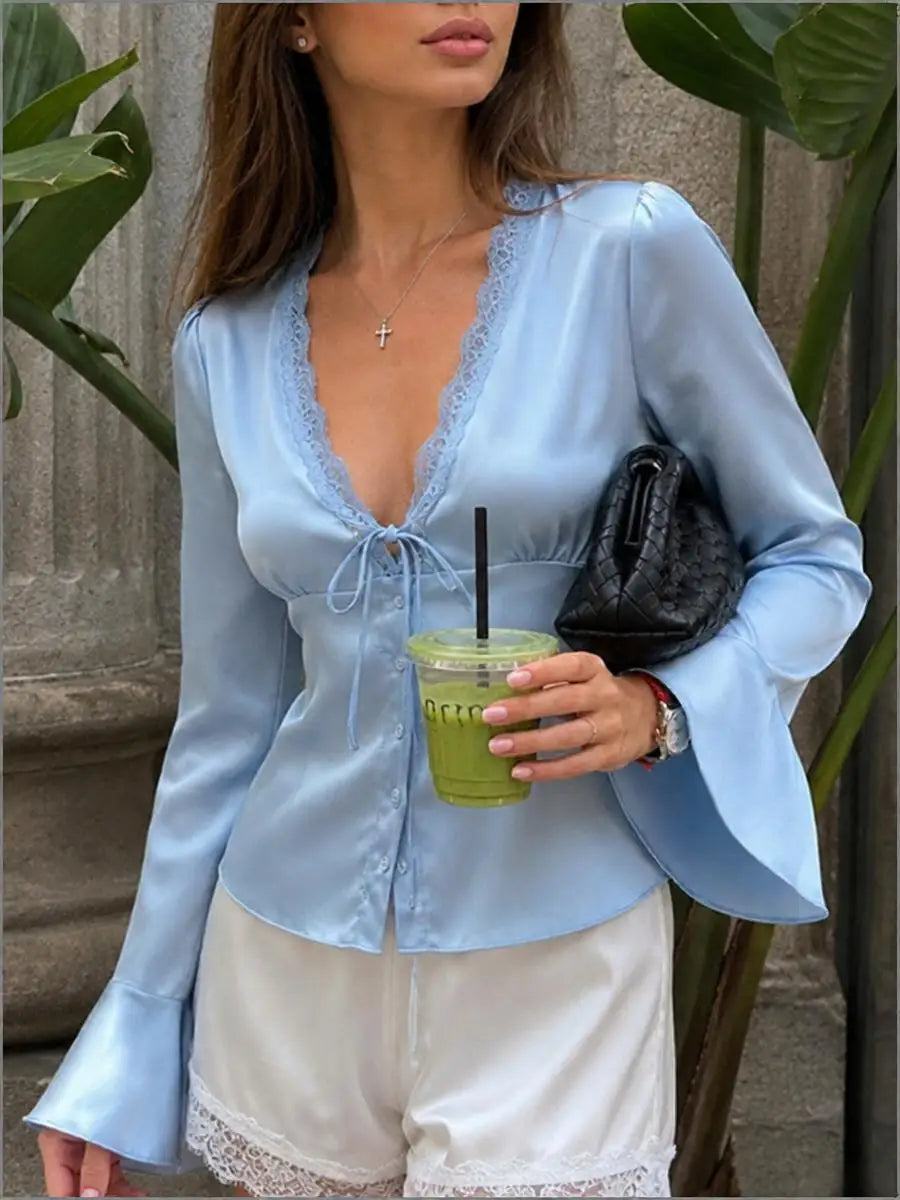 Vintage Lace Patchwork Satin Shirts Women Lace Up Long Sleeve Slim V-Neck Romantic Tops Female Spring Autumn Commute Streetwear