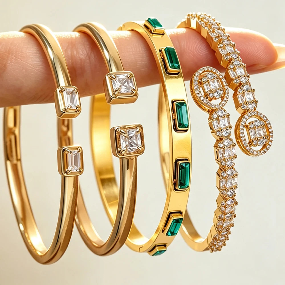 ZAKOL 4pcs Classic Shiny Zircon Inlaid Stainless Steel Copper Stacking Bracelets for Women Men Exquisite Couple Bangle Jewelry