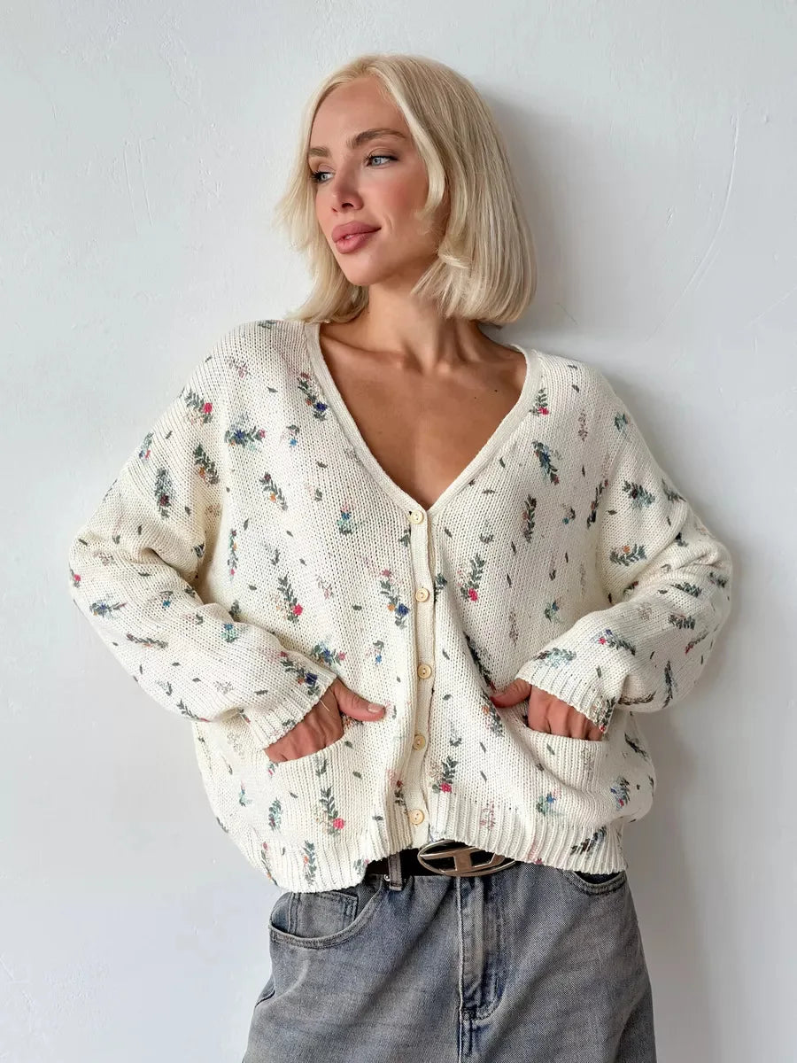 Womens' Elegant Knitted Print Cardigan Casual V Neck Floral Print Long Sleeve Coat Loose Front Sweater Autumn Winter Streetwear