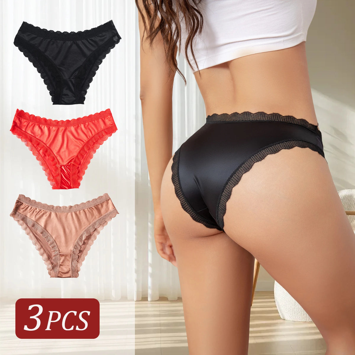 3PCS Elegant Lace-Trimmed Women's Panties Solid Color Seamless Satin Underpants Fashion Simple Comfortable Briefs Lingerie