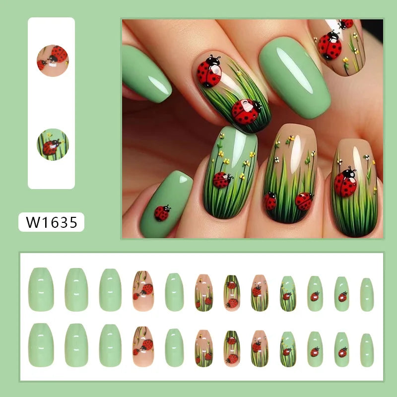 24Pcs Cute Green Short Square False Nails with Glue Flora Nail Art Glossy Simple Full Cover Press on Wearable Nail Manicure Tips