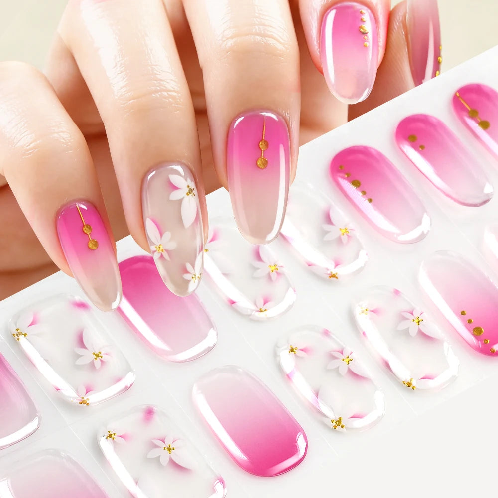16Tips Gradient Semi Cured Gel Nail Strips Blush Flower Design Full Wrap Nail Decals French Gold Lines Gel Nail Polish Sticker