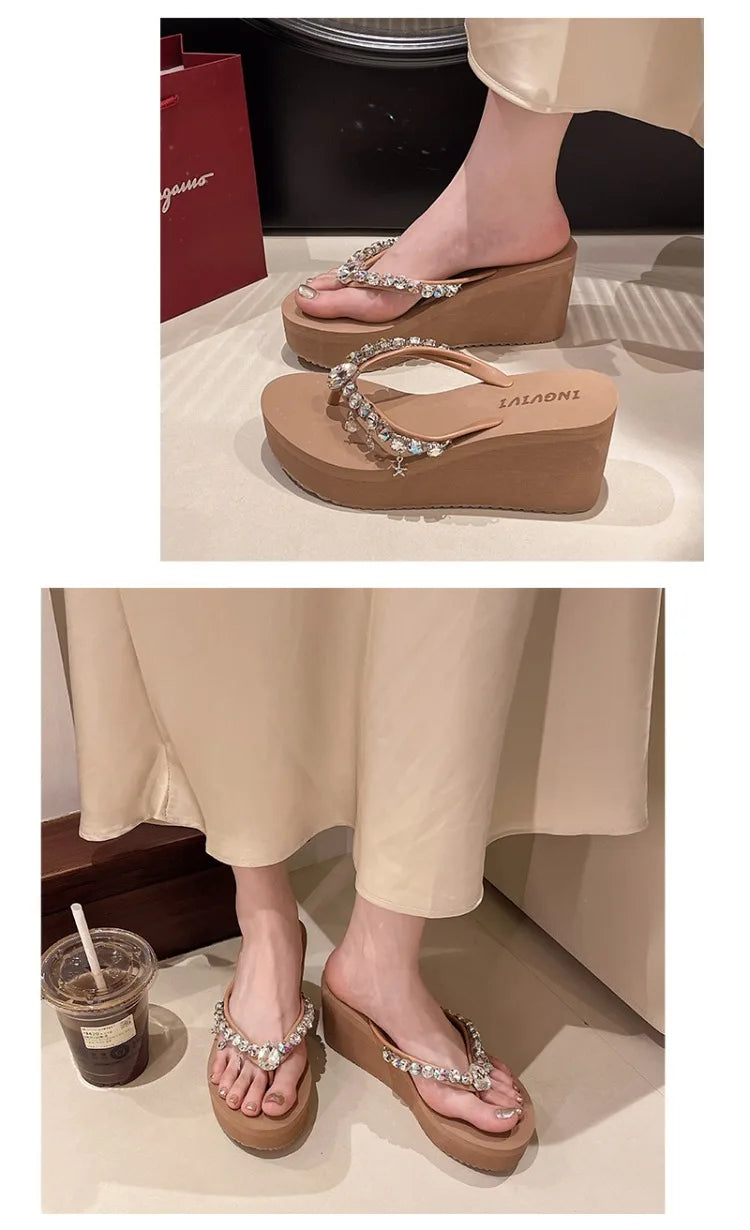 2025 Summer New High-heeled Flip Flops Women's Rhinestone Chain Pendant Thick Bottom Fashionable Clip on Sandals Beach Slippers