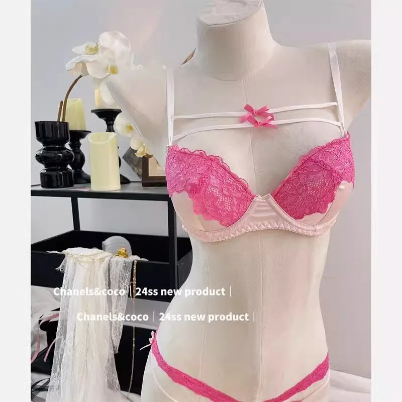 MOYISU French Lace Bralette with Bow Sweetheart Neckline Petite Bust | Natural Lift Minimalist Bra Set Sexy Yet Subtle Support