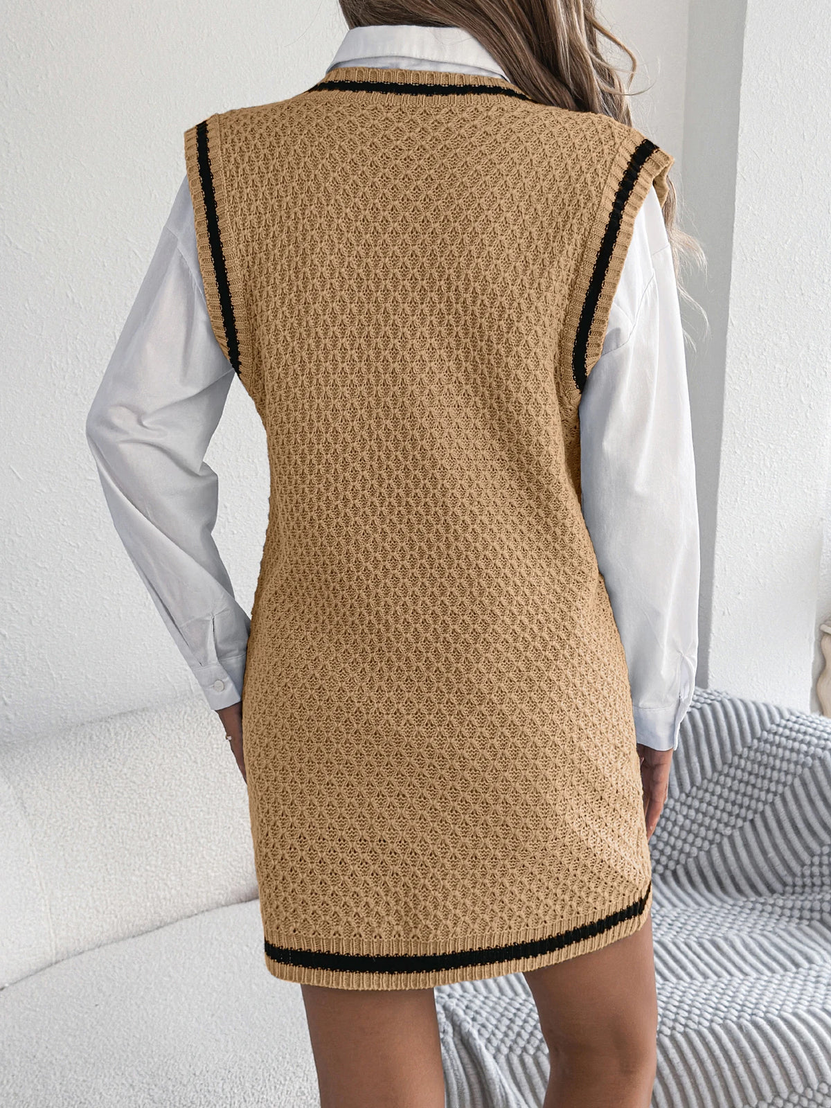 Elegant V Neck Sleeveless Striped Knit Sweater Dress with Pocket for Autumn Winter 2026 Fashion Preppy Style Vest Mini Dresses
