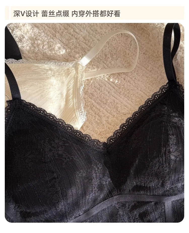 MOYISU French Lace Halter Bralette - Backless Wireless | Convertible & Removable Pads | White Comfort Bra for Daily/Evening Wear