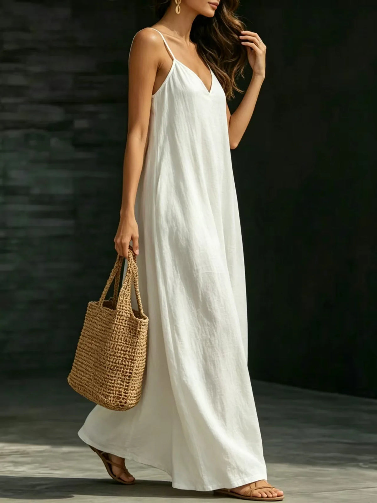Women Linen Spaghetti Strap Maxi Dress V Neck Loose Swing Long Dress With Pockets Casual Summer Beach Vacation Sundress Ladies