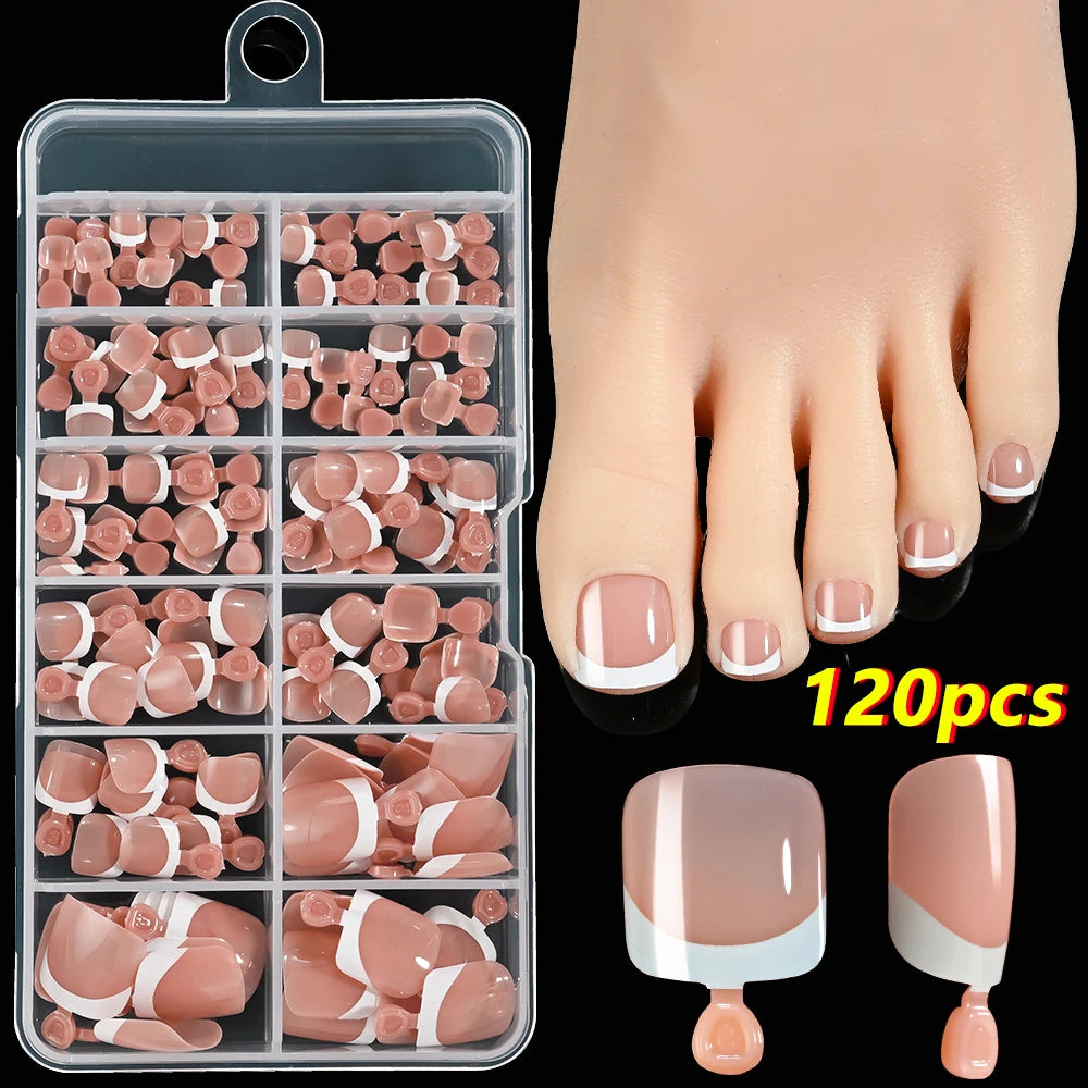 120Pcs Acrylic False Toes Nails French Short Square Pink/Nude/Brown Full Cover Fake Toenails Summer Artificial Press on Toenails