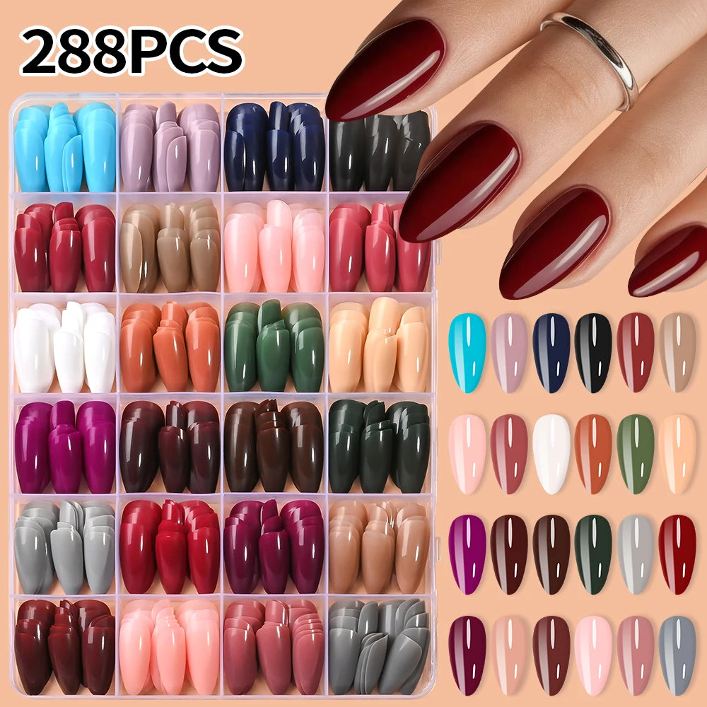 288Pcs Mixed Color Medium Almond False Nails Acrylic Full Cover Fake Nails for Women Wearable Press on Nails DIY Nail Extension