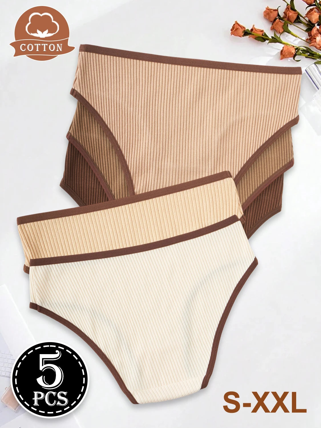 5PCS Maillard Color Sports Style Cotton Women's Panties Girls' Underwear Low-Rise Striped Breathable Female Soft Briefs Lingerie