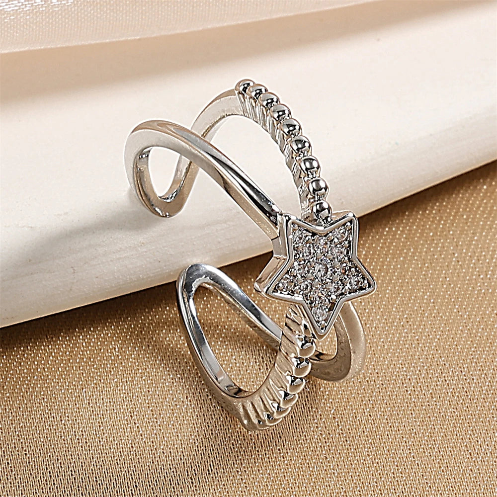 ZAKOL Fashion Double Layers Zircon Rings for Women Gold Color Plated Open Stainless Steel Ring Aesthetic Party Wedding Jewelry