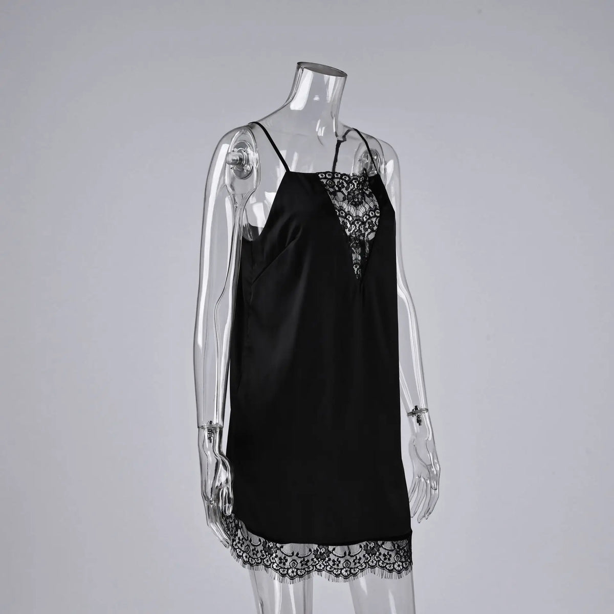Women's Sexy Black Satin Slip Dress Patchwork Lace Hollow Out Sleeveless Dresses Party Club Ruffle Loose Backless Mini Dress