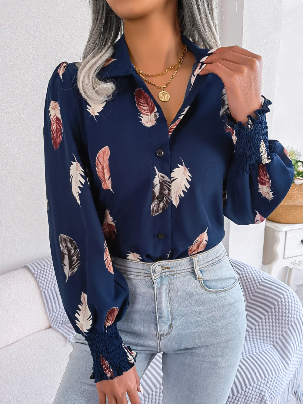 Women's Casual Feather Print Long Sleeve Office Lady Shirts for Autumn Turn Down Collar Buttons Woman Clothing White Pink Blue