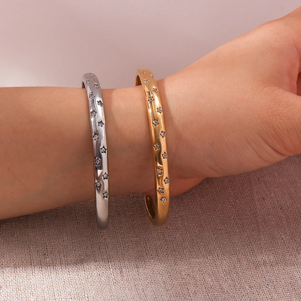 ZAKOL Trendy Stainless Steel Five-pointed Star Zircon Inlaid Open Bracelet Versatile Non Fading Cuff Bangles Jewelry Gift