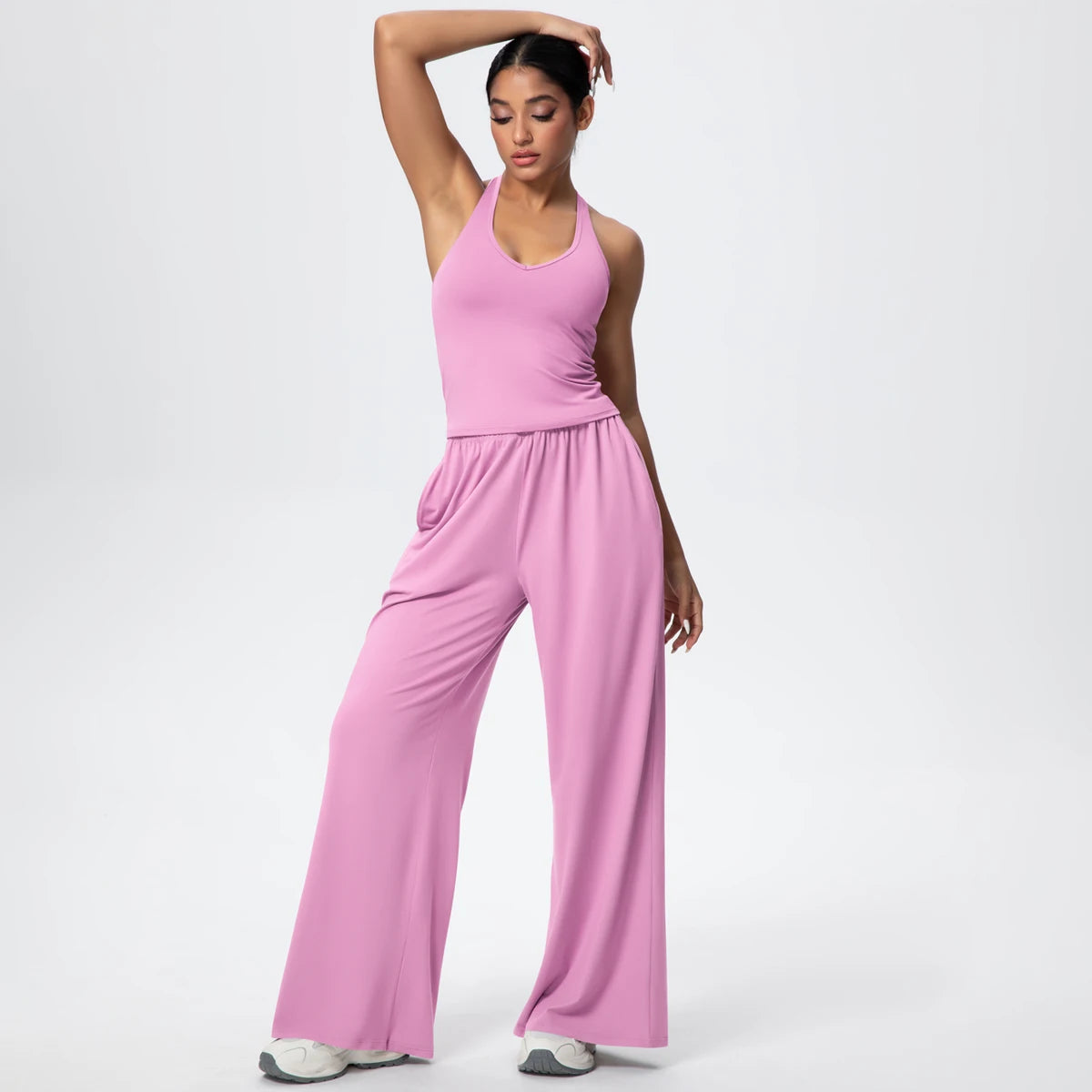 Breathable Loose Wide Leg Pants and Yoga Vest Set Solid Color High Stretch Pockets Pants Beautiful Back T-shaped Vest Yoga Suit