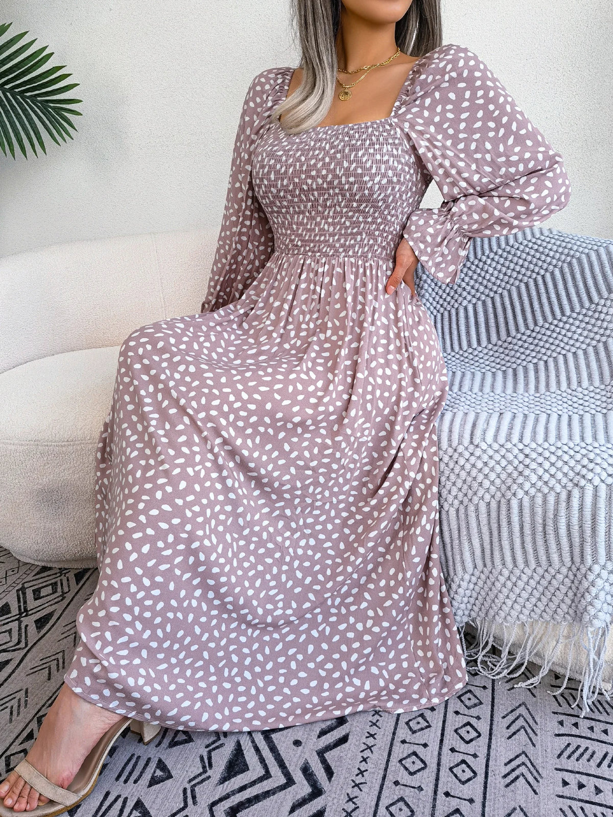 Spring Autumn Women's Elegant Polka Dot Square Neck Flare Long Sleeve Slim Waist Floral Dress Yellow Pink Red Woman Clothing