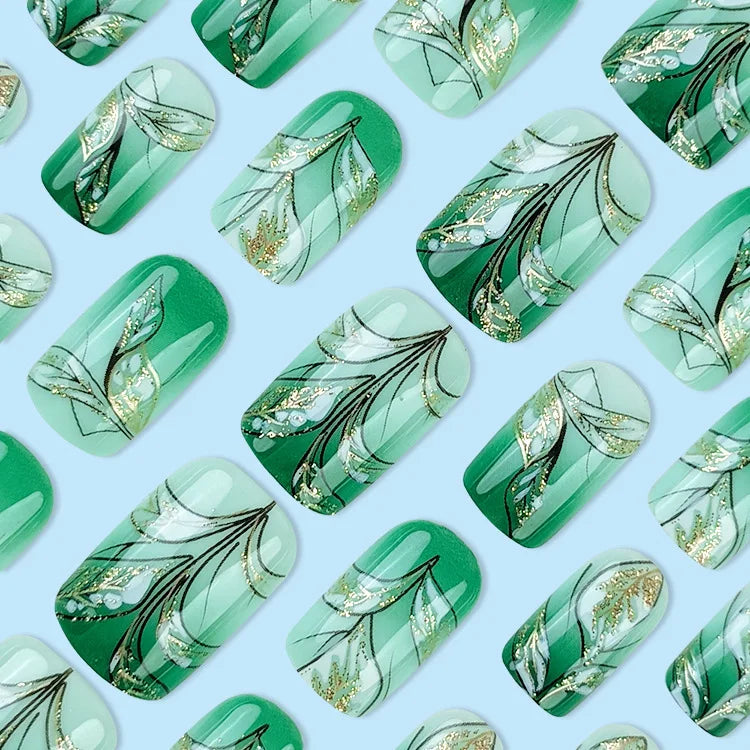 24pcs Short Square Press on Nails Jade Flower Sparkling Powder Designs Fake Nails with Glue Green Gradient Full Cover Nail Tips