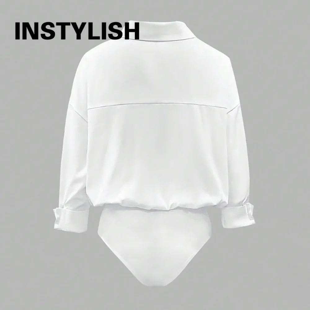Women Shirt Bodysuit Oversized Boyfriend Half Sleeve Blouse Deep V Collar Bodysuit Shirts Elegant Office Lady Jumpsuit Top