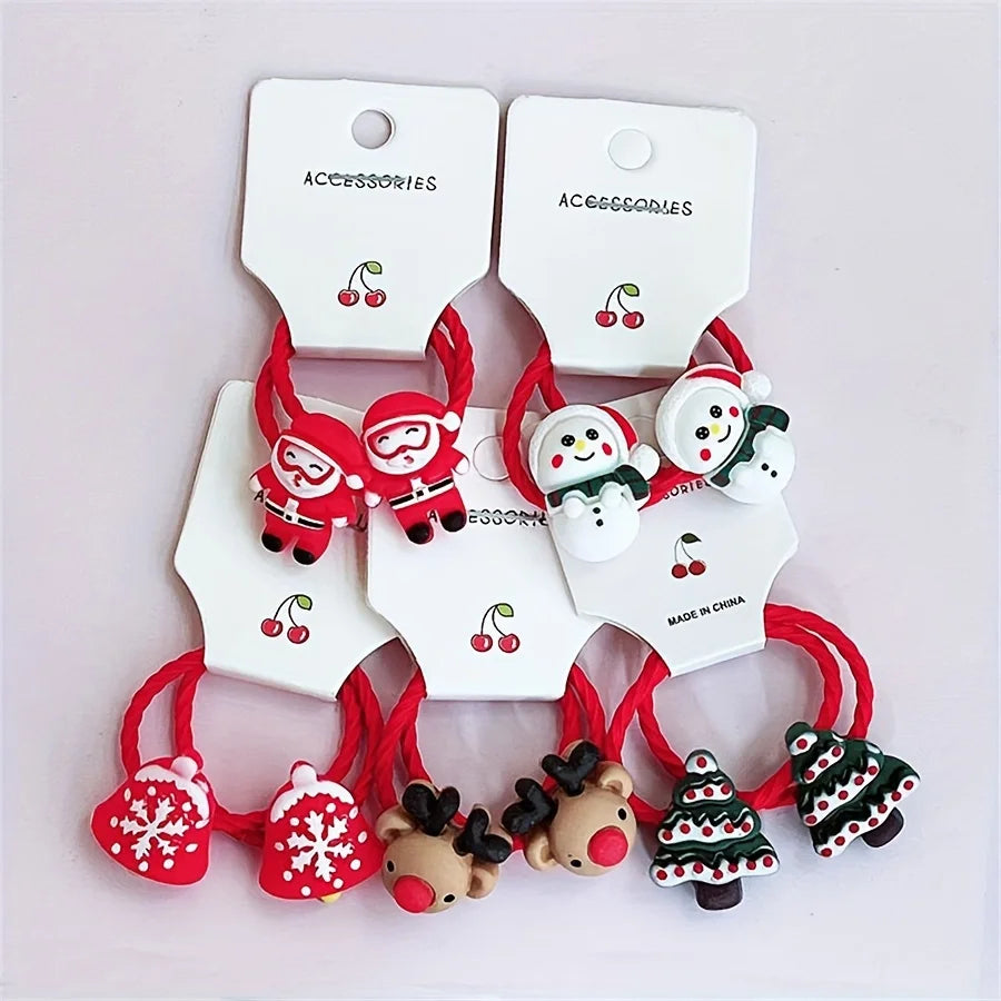 10pcs Cute Cartoon Hair Rings for Christmas with Christmas Tree and Reindeer Santa Decorations, Festive Hair Decoration