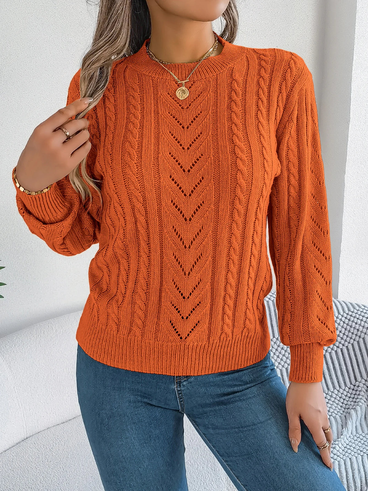 Autumn and Winter Casual Solid Color O-Neck Hollow Out Long Sleeved Pullover Sweater