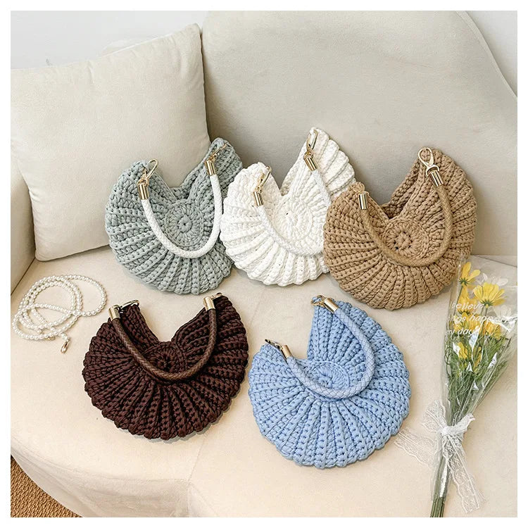 Handcrafted Shell Shaped Crossbody Bag Women's Beach Style Handbag City Simple Cotton Liner Soft round Shape Double Shoulder ...