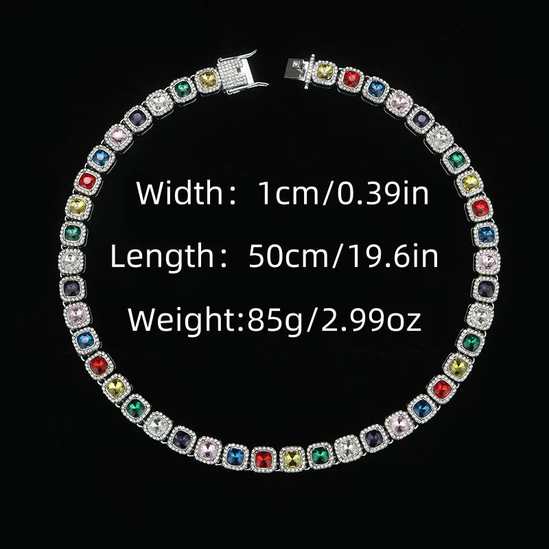 ZAKOL Hip Hop Luxury Square Colorful Rhinestones CZ Tennis Chain Necklace Bracelet Punk Fashion Jewlery Couple Gift